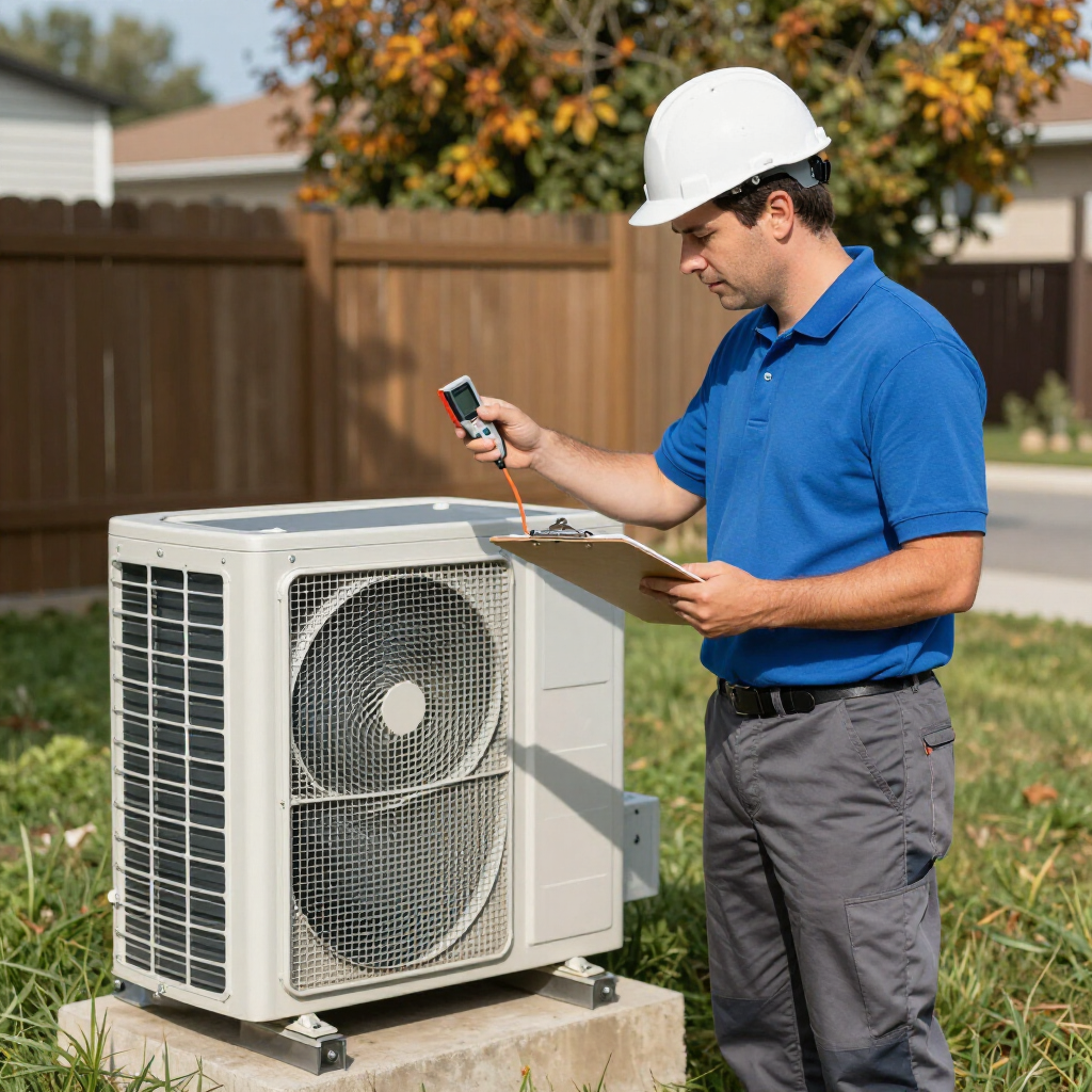 outdoor hvac unit being inspected in dacula ga that was replaced by certified comfort of georgia through the ga hear program