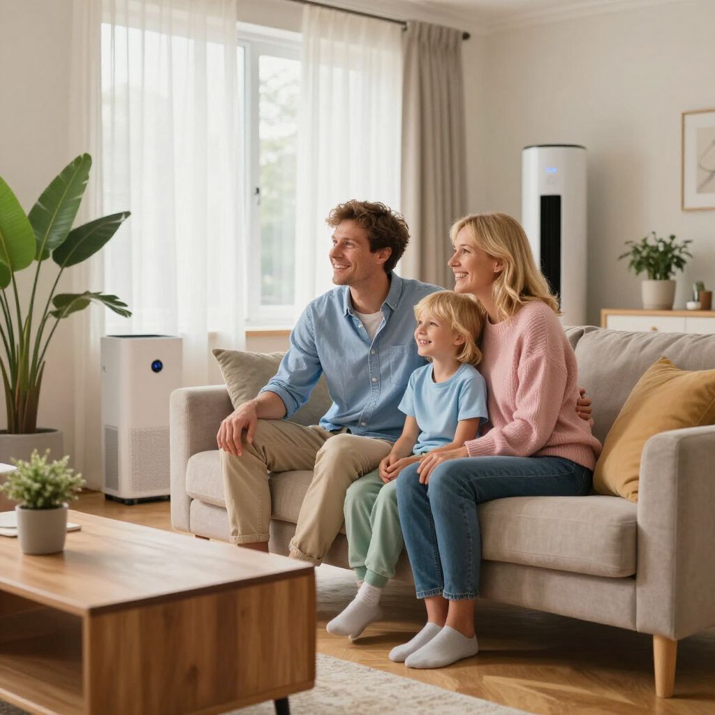 Husband and wife with a child watching tv comfortably in their home with their air purifier in the background