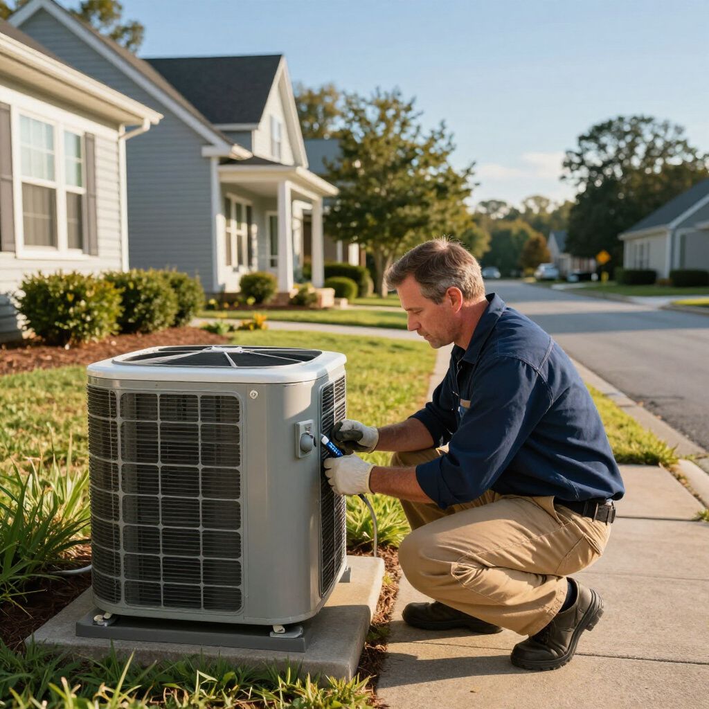 HVAC heating and cooling Certified Comfort of Georgia technician working on customers HVAC system in a neighborhood in winder