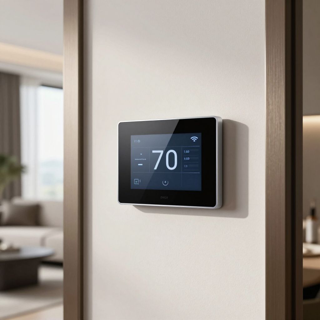 Air quality control thermostat in a home with a new HVAC system. Digital thermostat on a wall in a house