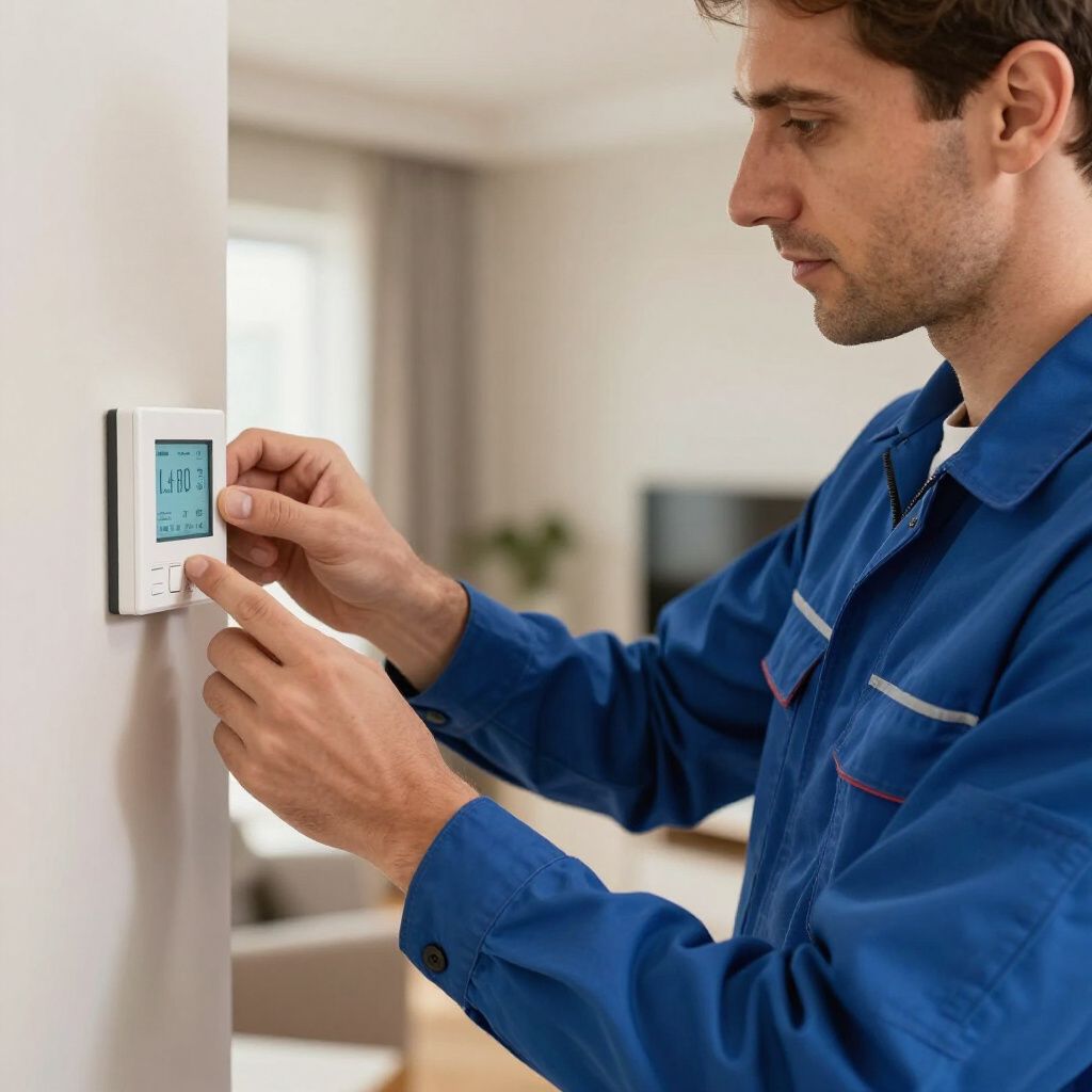 HVAC Services Jefferson, GA with a Certified Comfort of Georgia technician in a uniform adjusting a thermostat in a house