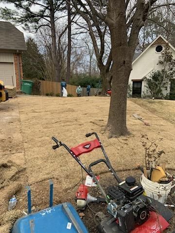 Lawn care crew in yard with new sod; equipment in foreground.