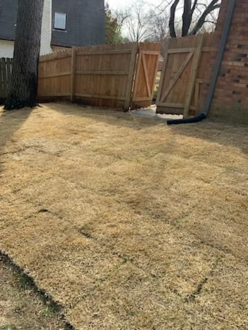 A backyard with a wooden fence and a wooden gate.