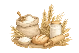 100% text surrounded by illustrated fresh vegetables and wheat on a white background