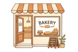 Small café storefront with striped awning, open door, and outdoor table and chairs.