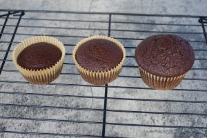 Three chocolate cupcakes in tan wrappers cooling on a wire rack