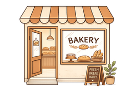 Small café storefront with striped awning, open door, and outdoor table and chairs.