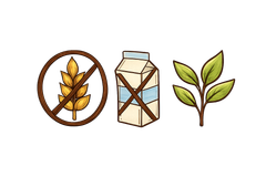 Three eco-style icons: wheat in a brown circle, a milk carton, and a green leaf sprig.