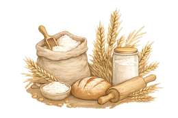 100% text surrounded by illustrated fresh vegetables and wheat on a white background