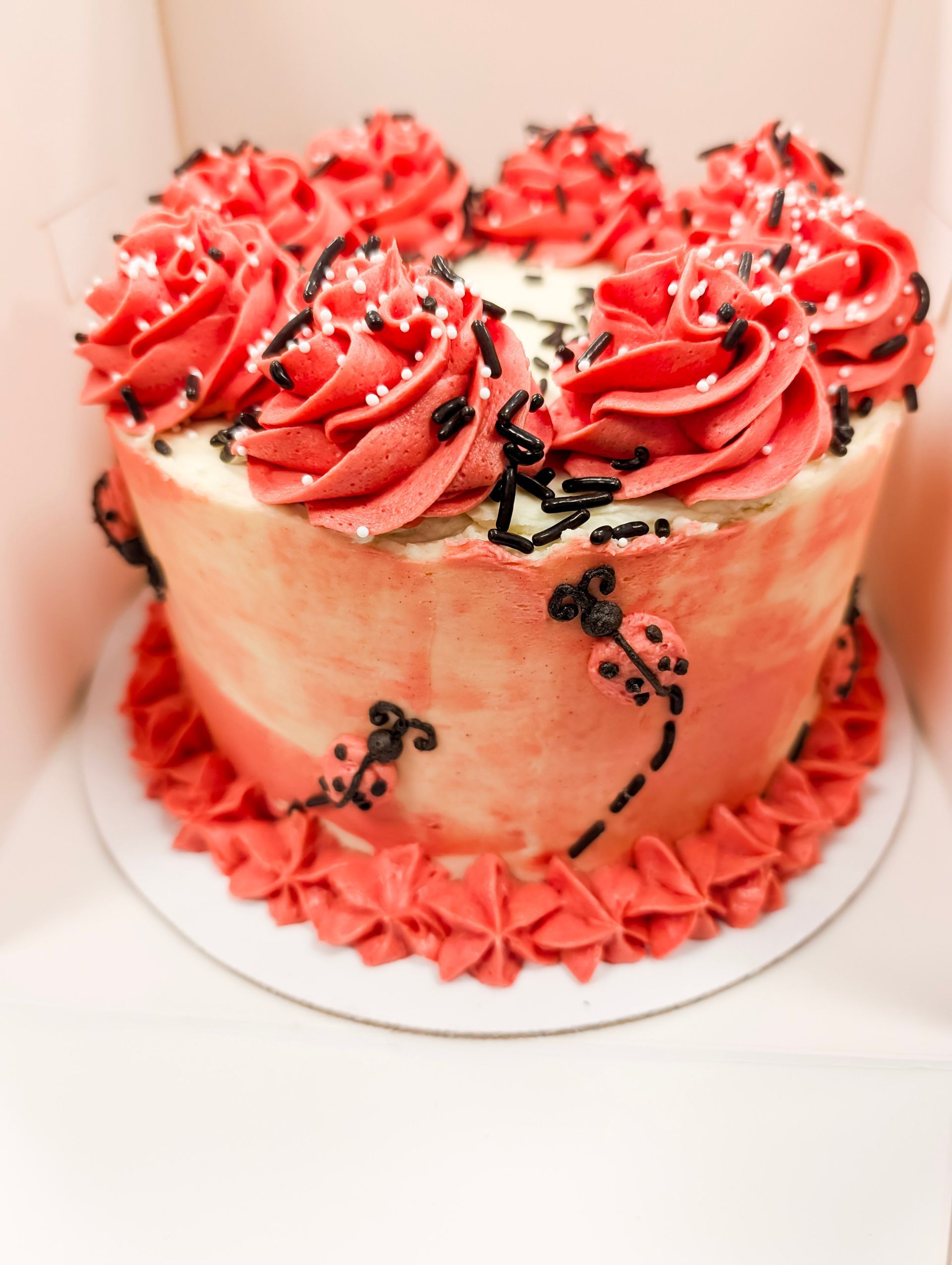 Pink frosted cake with red rosettes and black decorative piping on a white plate