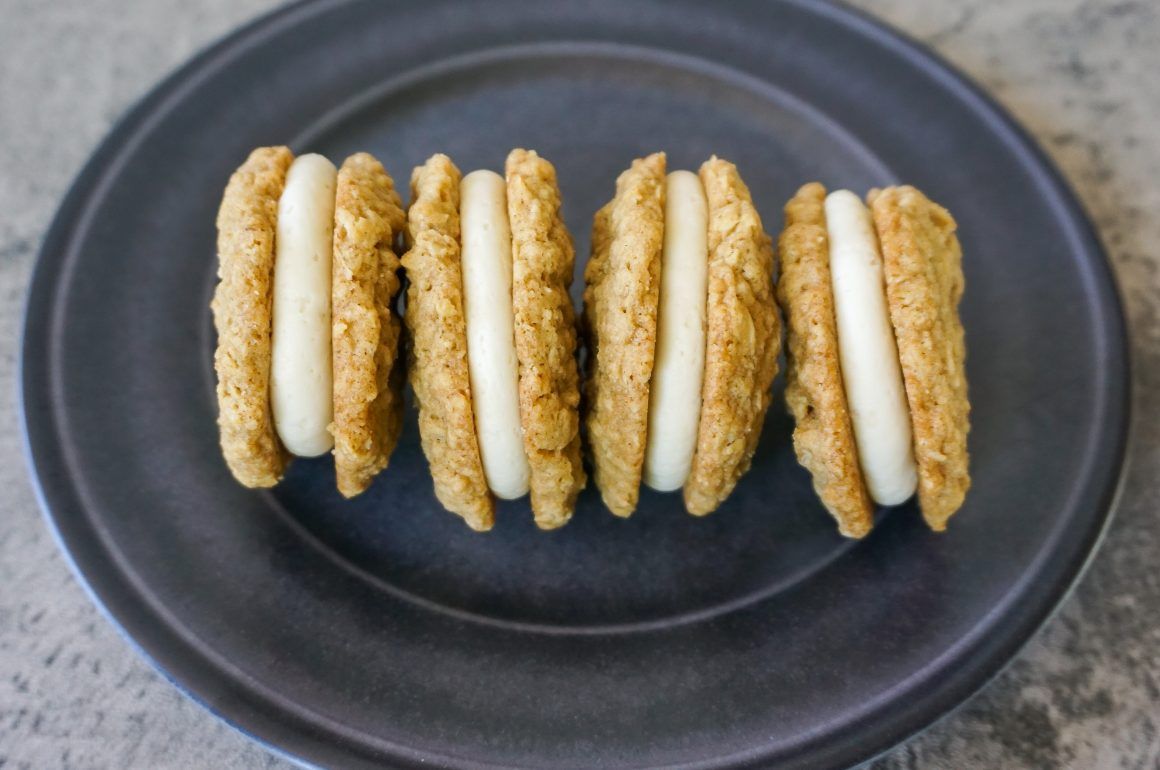 Four golden sandwich cookies on a dark plate