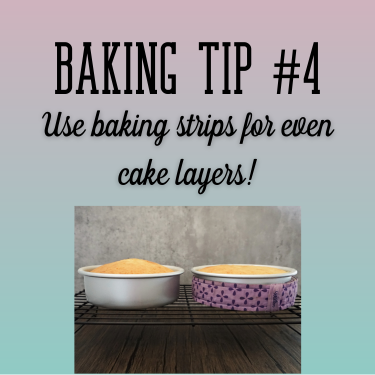 Baking tip #4: use baking strips for even cake layers, shown with two cake pans on a counter