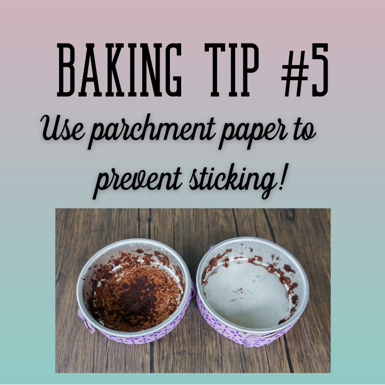 Baking tip graphic: use parchment paper to prevent sticking; shows two baking cups, one with stuck crumbs.