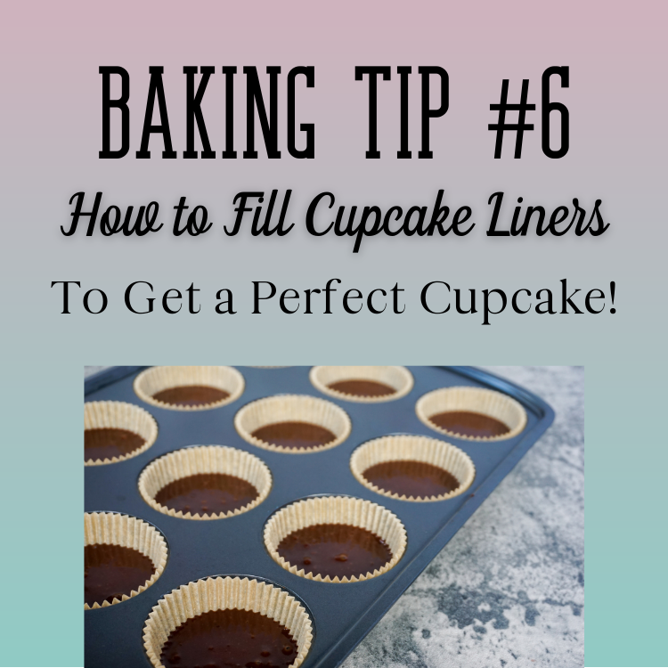 Baking tip graphic showing a muffin tin with lined cupcake cups and text on filling cupcake liners evenly