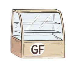 Empty glass display case with beige base and shelves, labeled “GF” on the front.