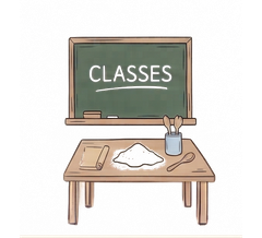 Classroom chalkboard with “CLASSES” above a wooden desk with paper, pencil cup, and supplies