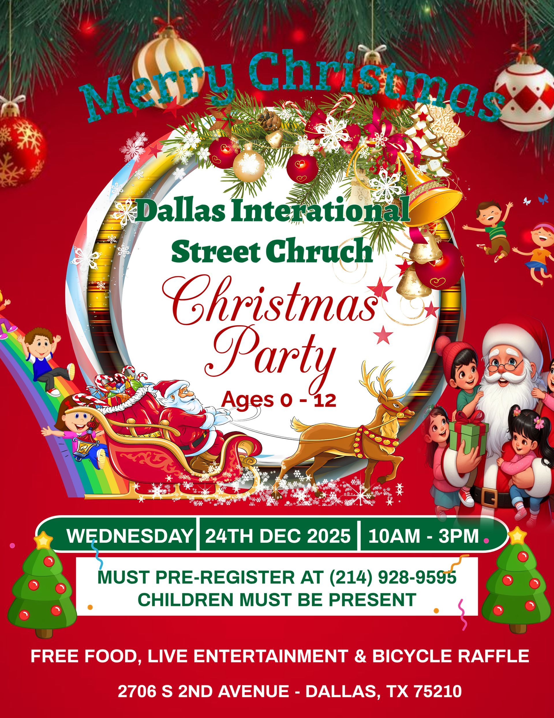 Christmas party flyer: Dallas Street Church.  Red, gold, festive.  Features Santa, sleigh, and text 