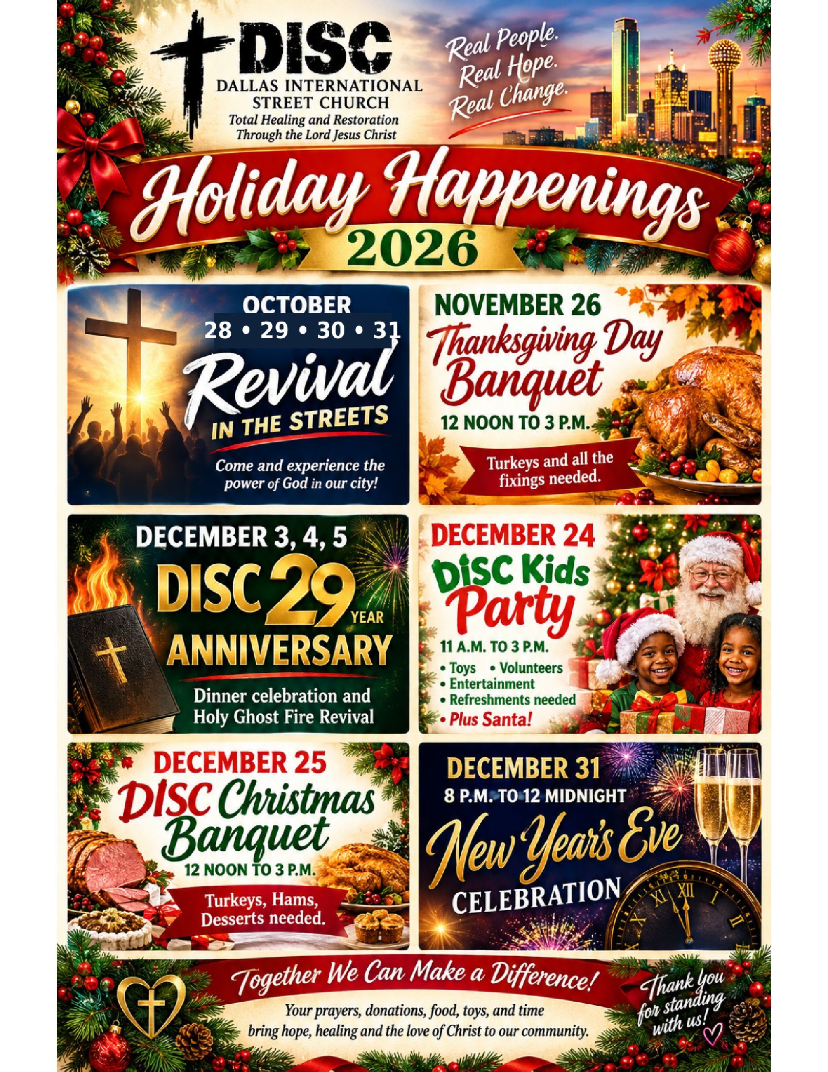 DISC Holiday Happenings 2026 event flyer with five festive dates and activities