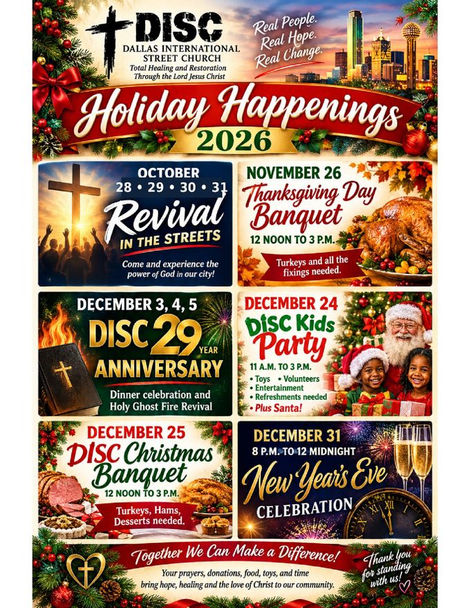 DISC Holiday Happenings 2026 event flyer with five festive dates and activities