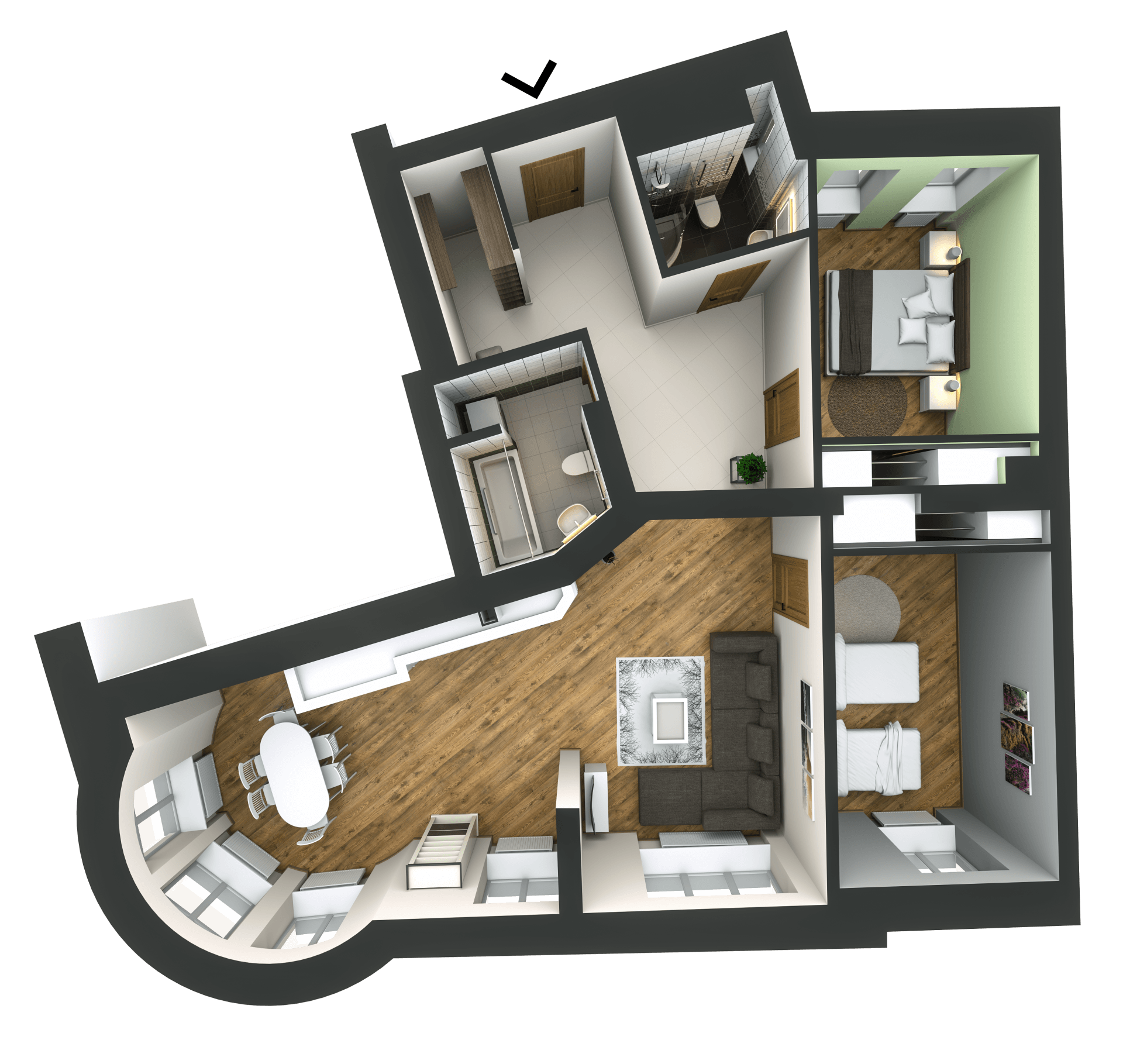 An aerial view of a house showing the bedrooms and bathrooms