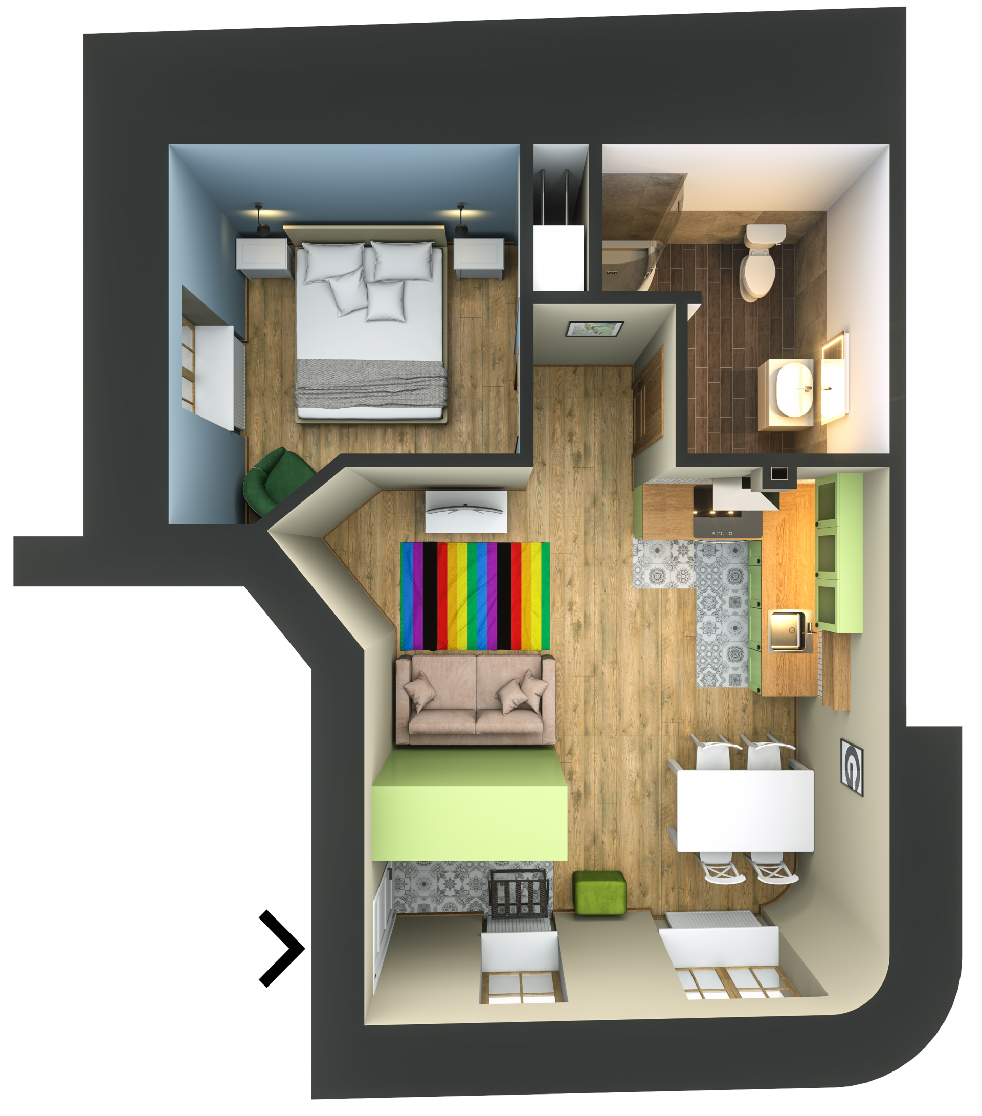 An aerial view of a house with a rainbow rug on the floor