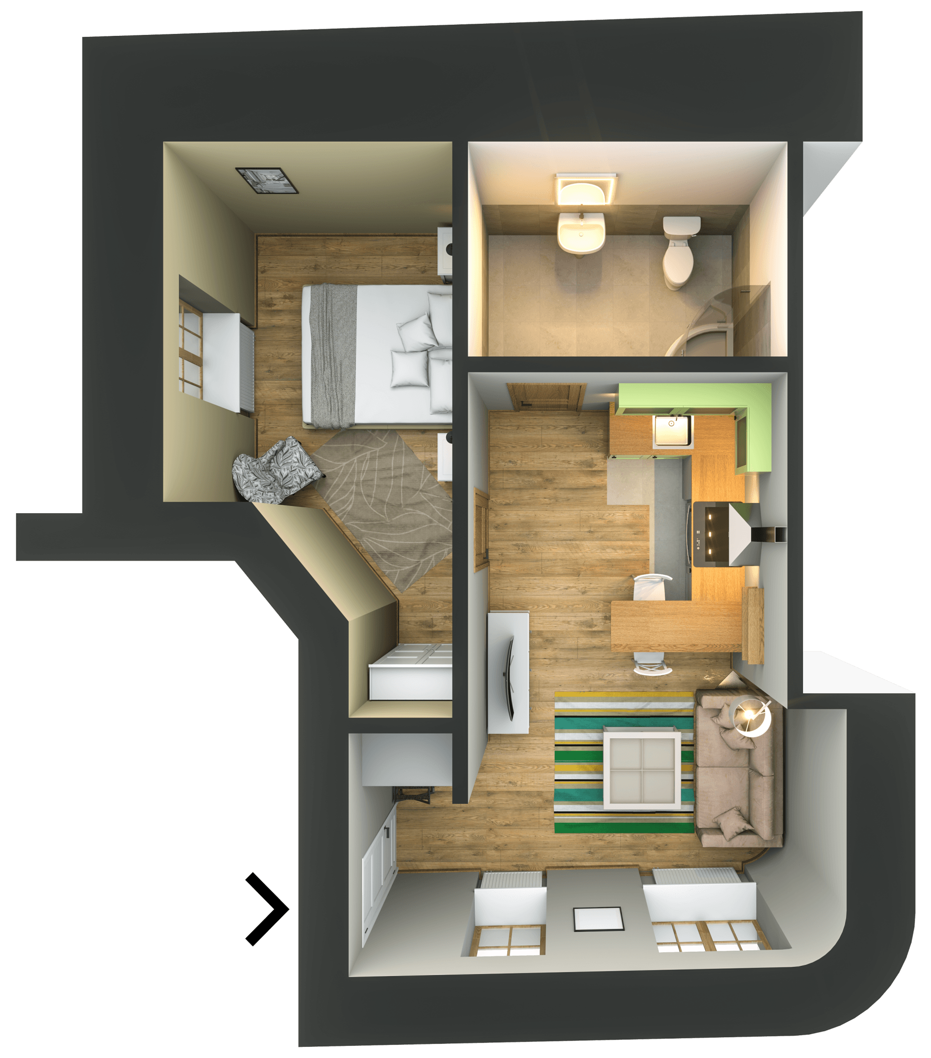An aerial view of a house floor plan with a arrow pointing to the left