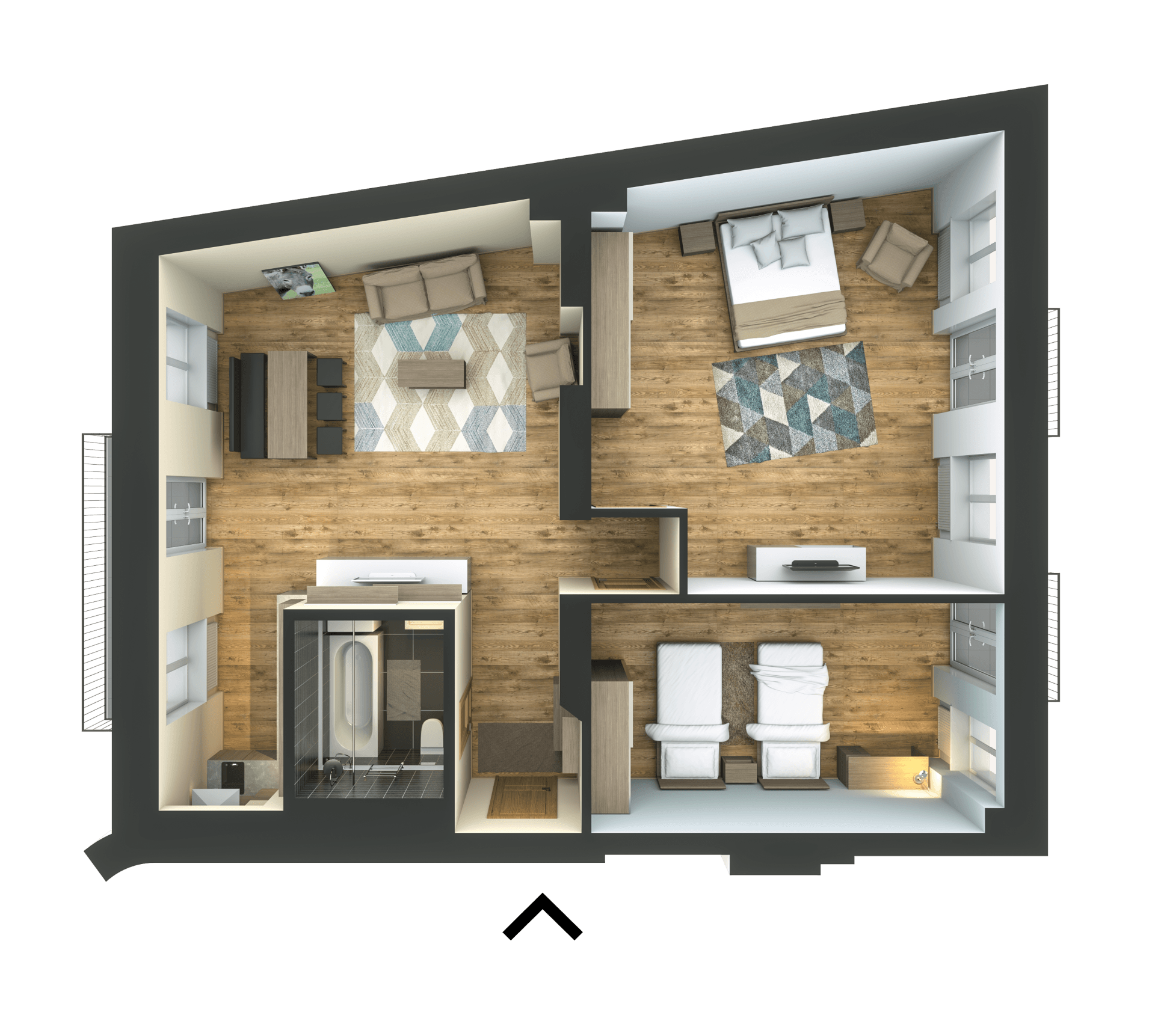An aerial view of a floor plan of a house