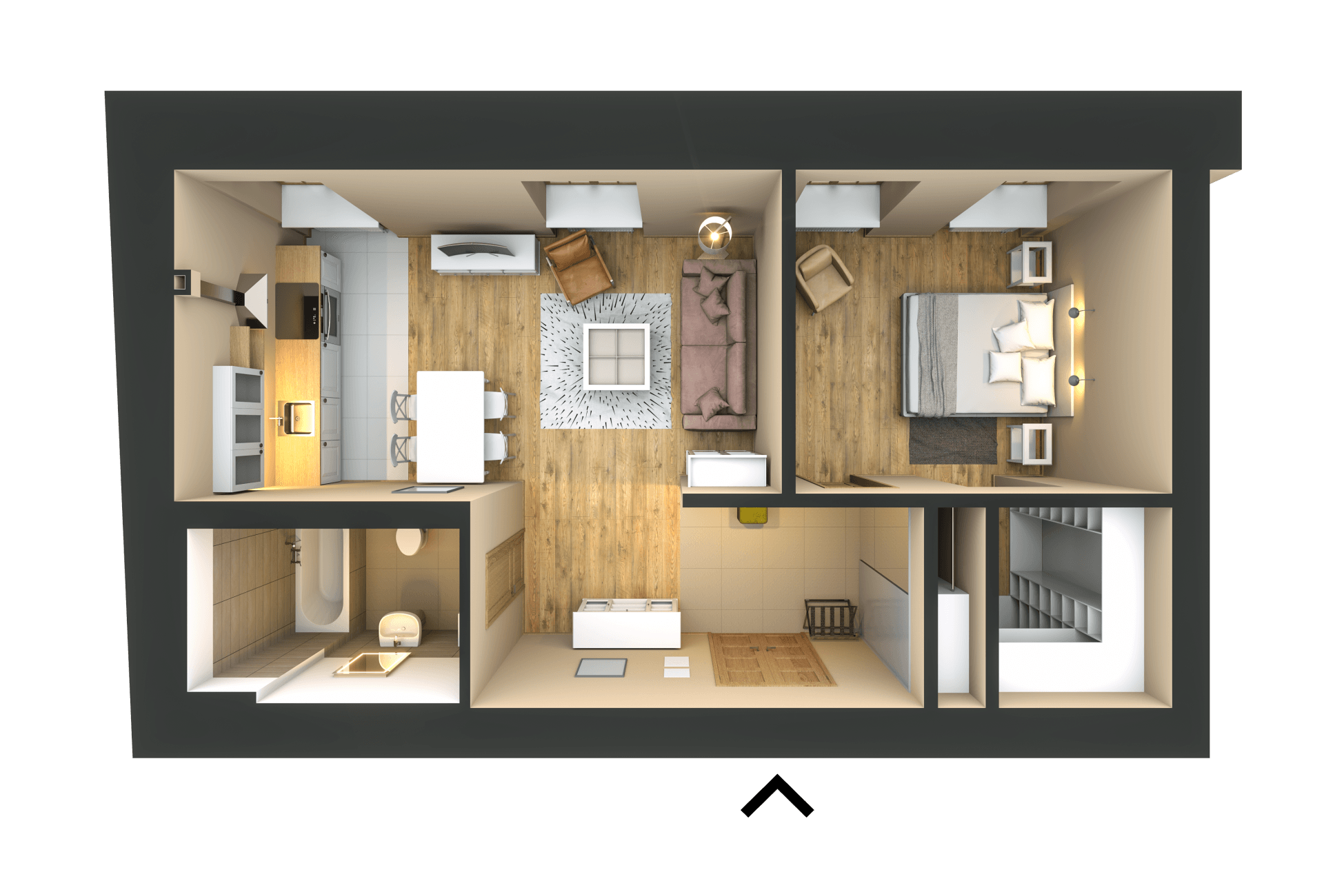 An aerial view of a floor plan of a house.