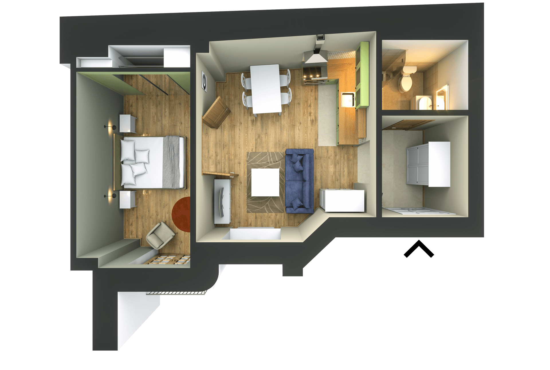 An aerial view of a house with a bedroom , living room , dining room , and bathroom.