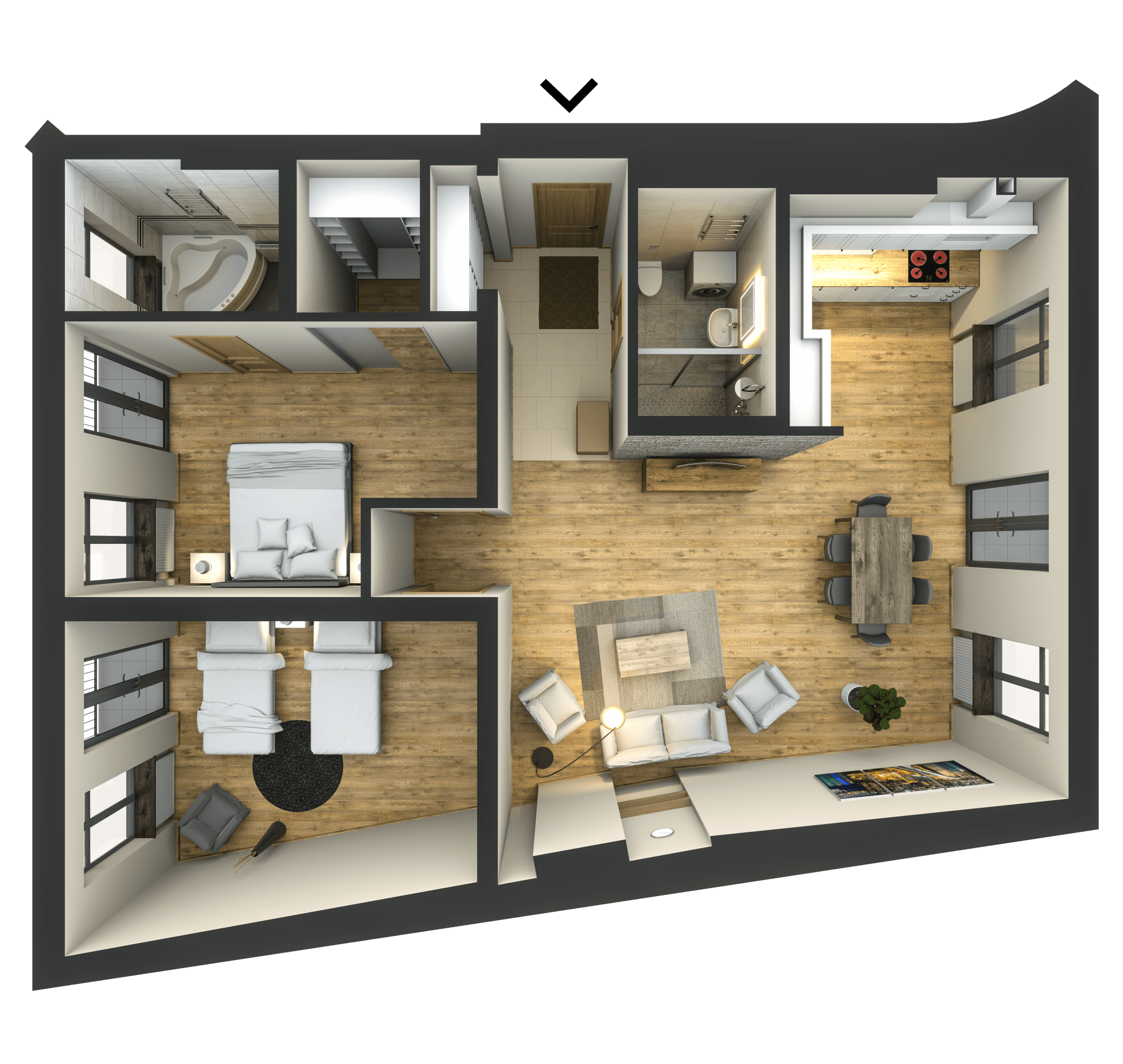 An aerial view of a floor plan of a house