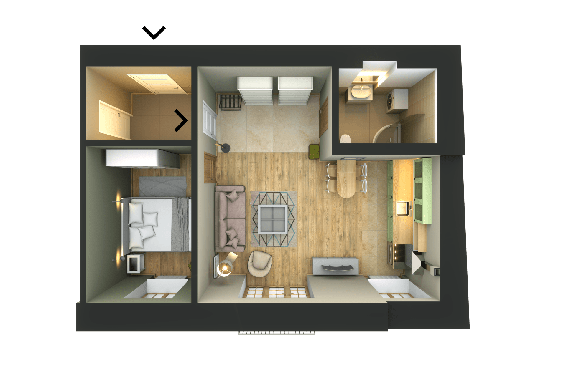 An aerial view of a house with a bedroom , living room , and bathroom.