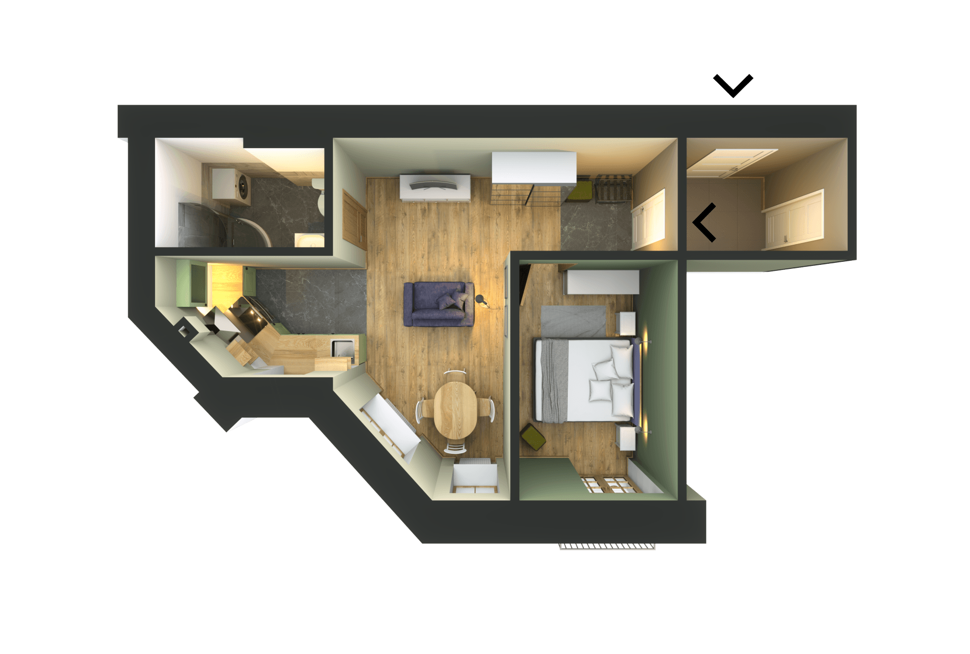 An aerial view of a floor plan of a house.