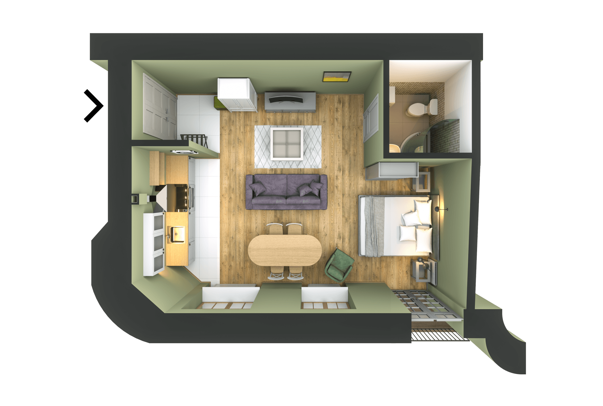 An aerial view of a floor plan of a small apartment.