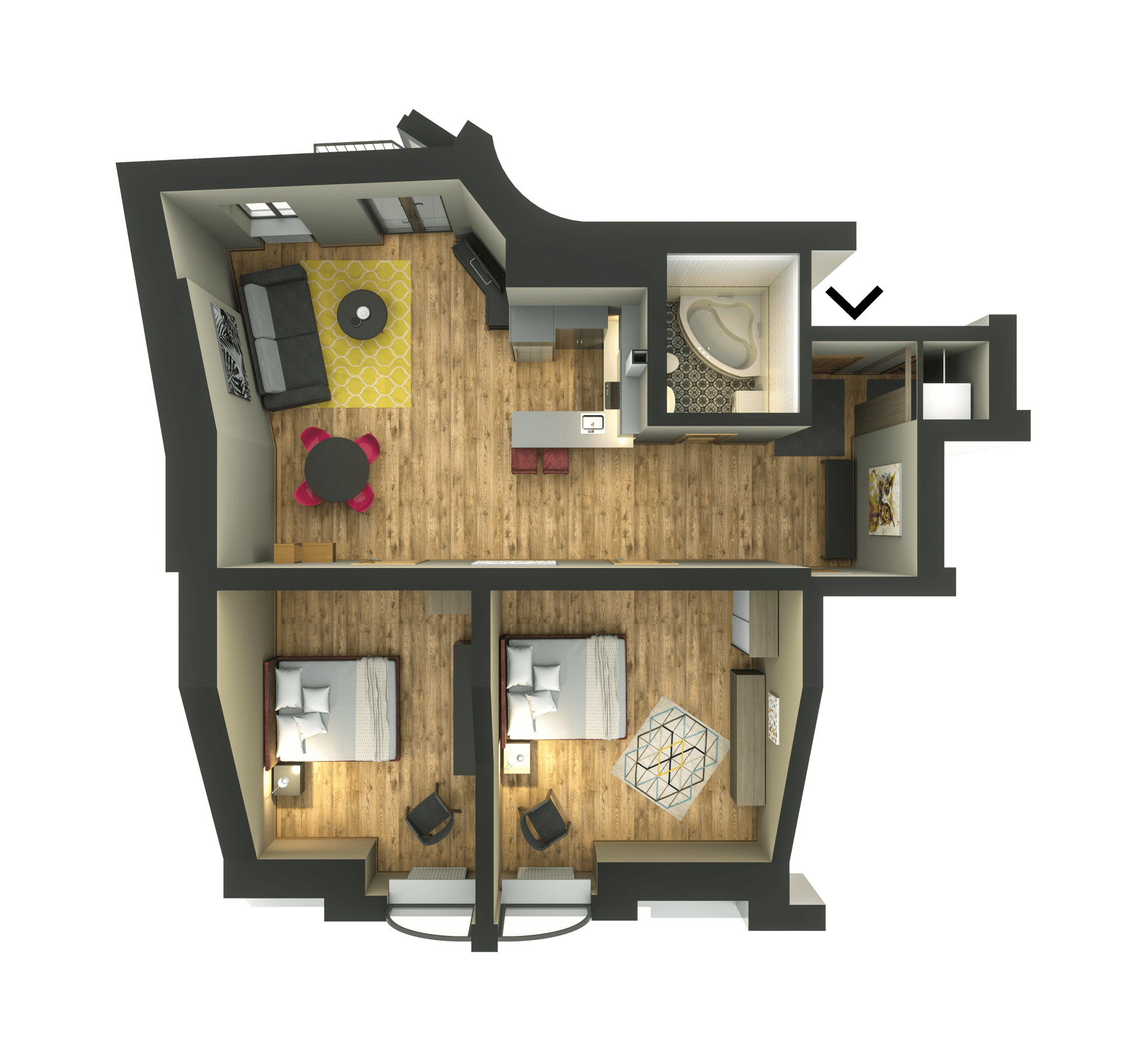 An aerial view of a floor plan of a house