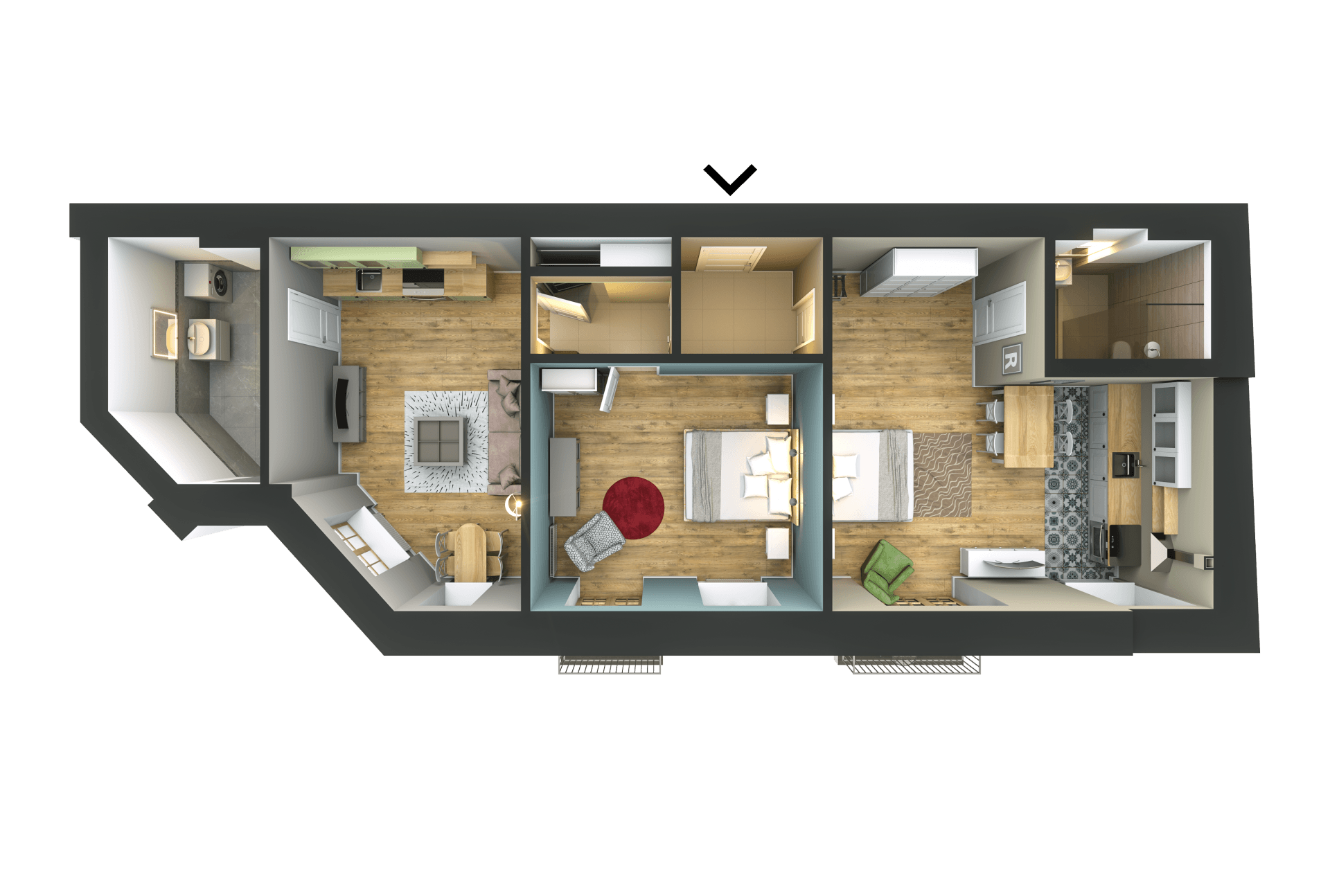An aerial view of a floor plan of a house.