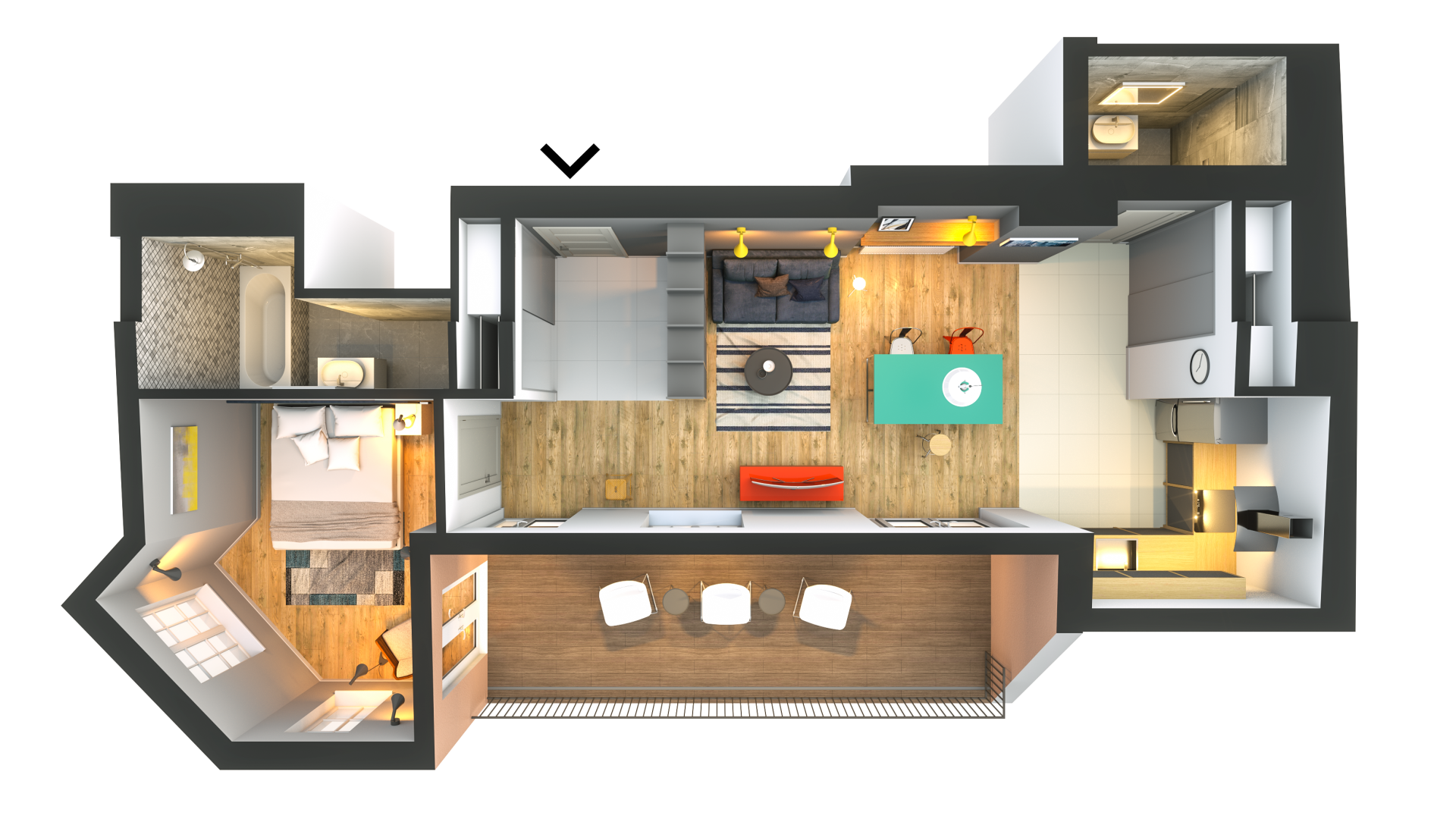 An aerial view of a house with a living room , dining room , and bedroom.