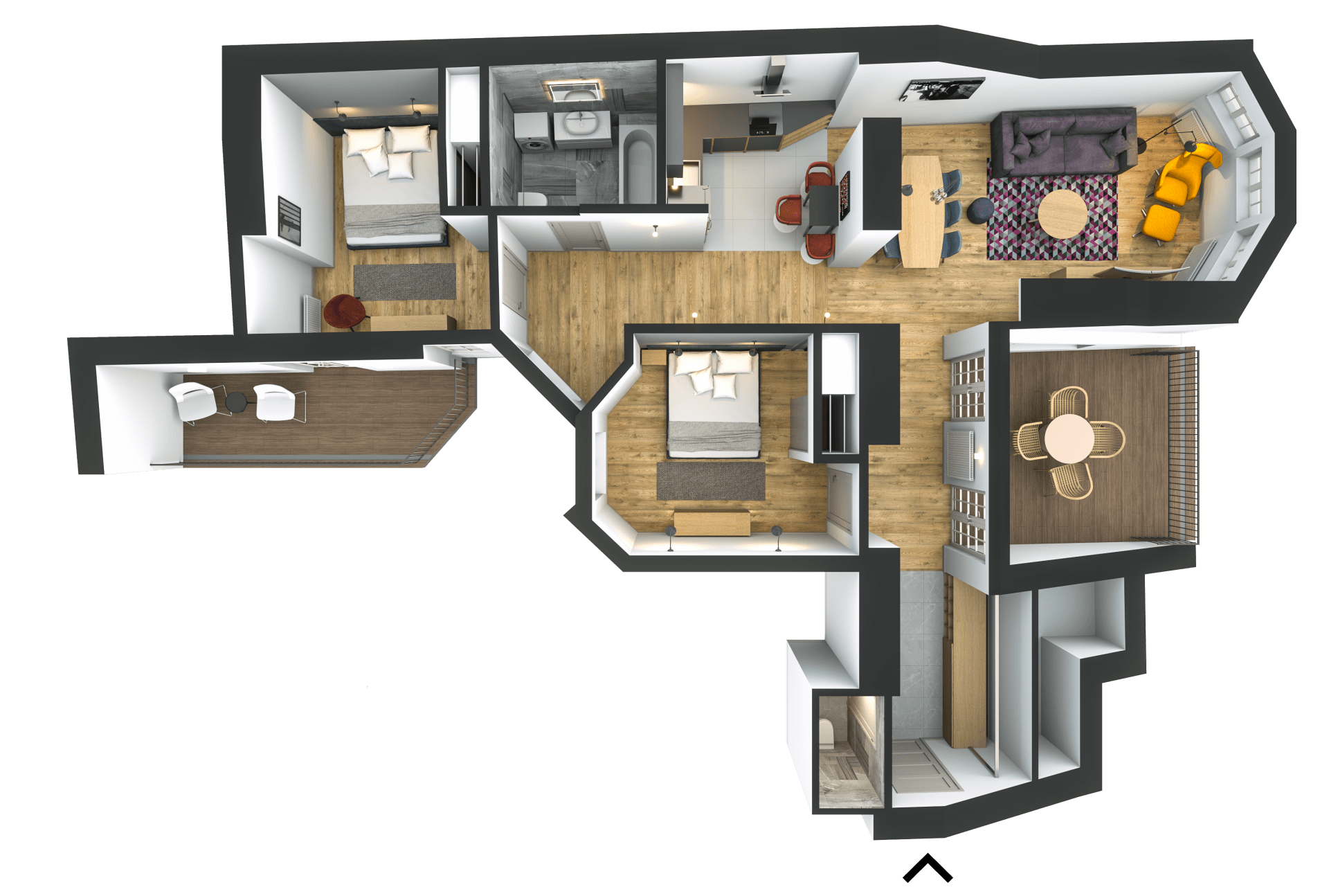 A 3d floor plan of a house with a lot of rooms