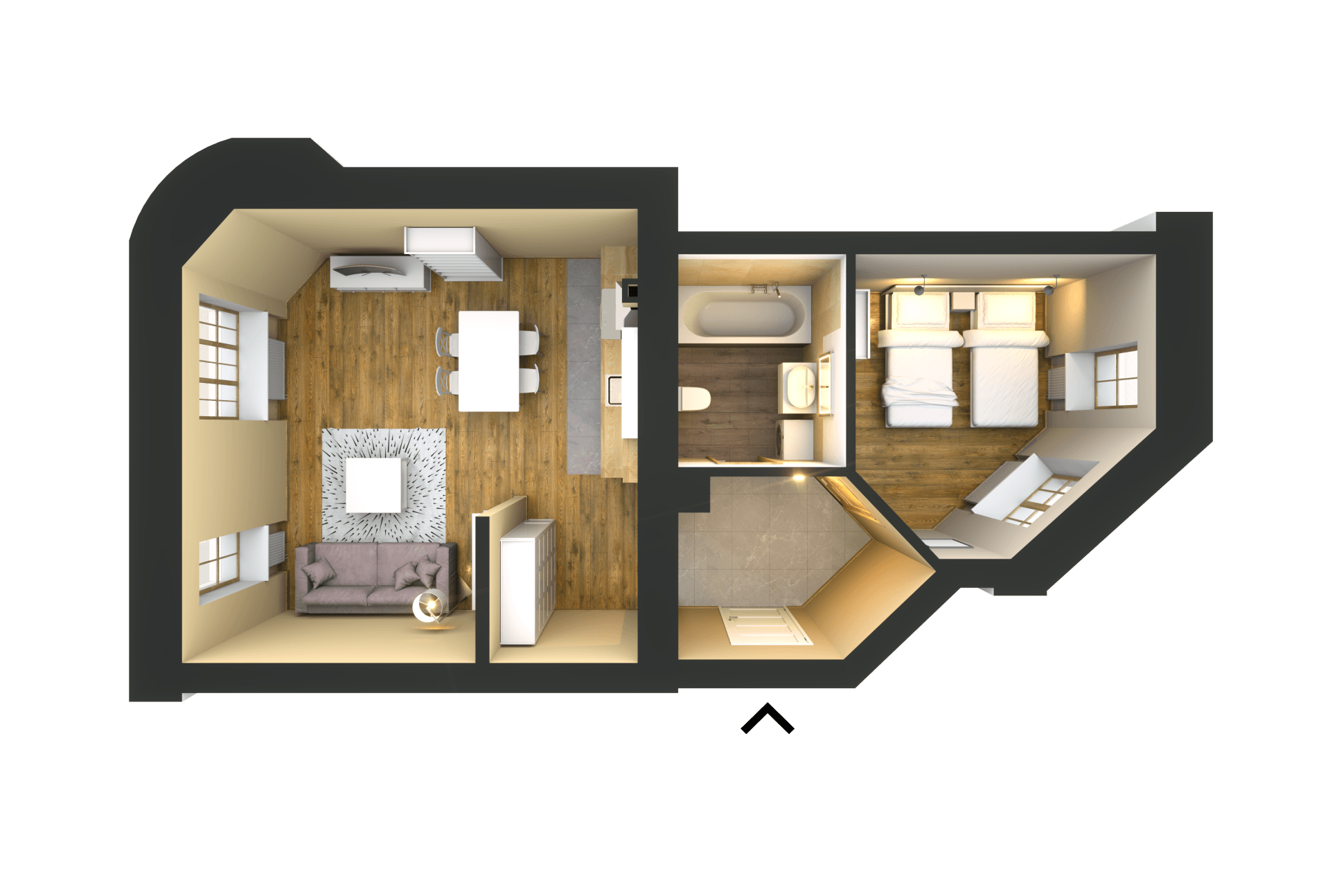 An aerial view of a floor plan of a house