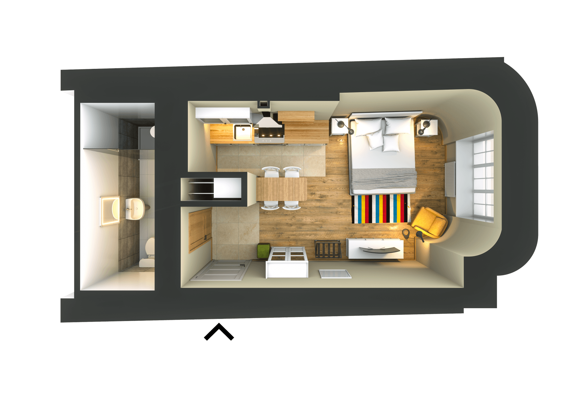 An aerial view of a small apartment with a bedroom , living room , and kitchen.