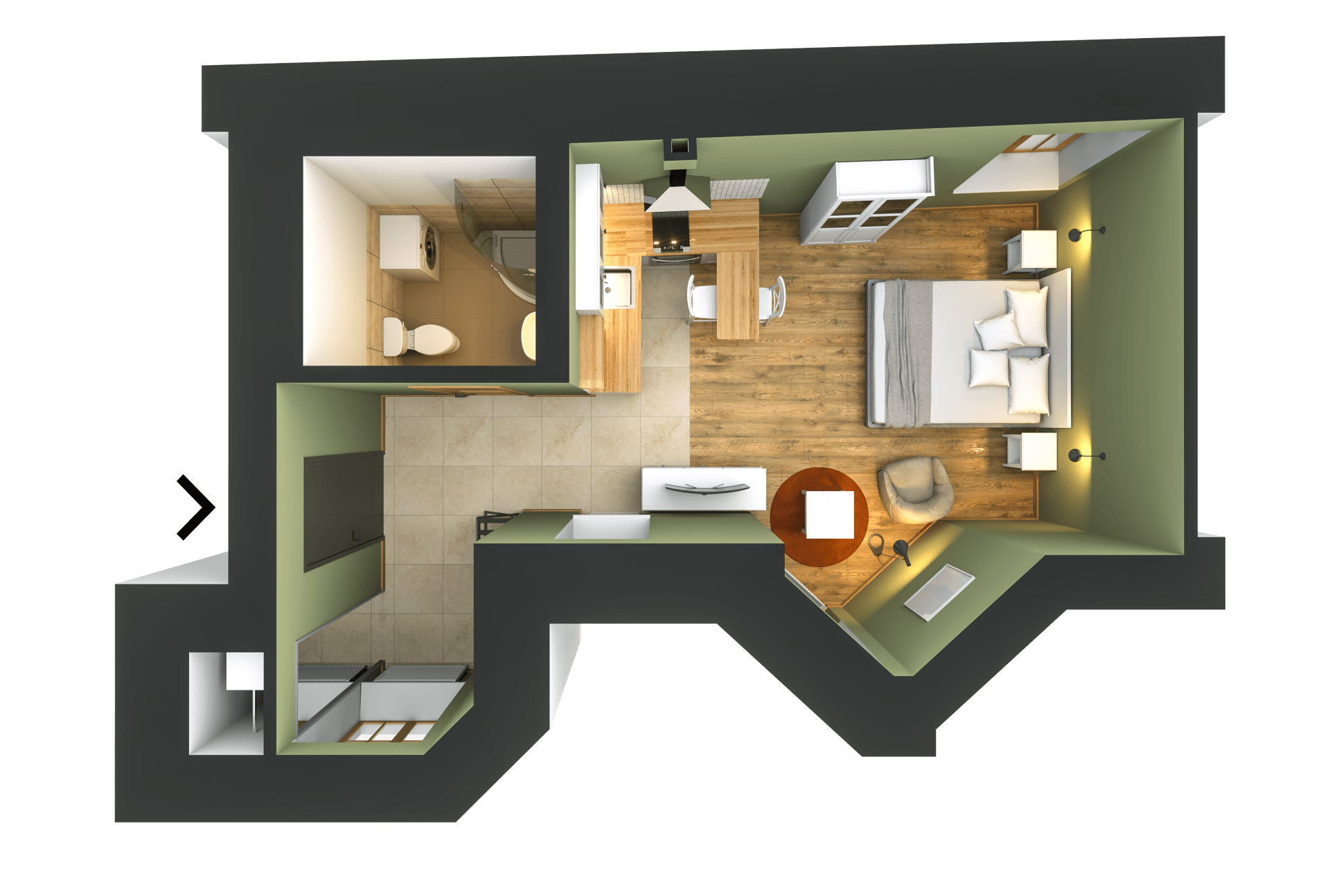 An aerial view of a small apartment with a bedroom , living room , and bathroom.
