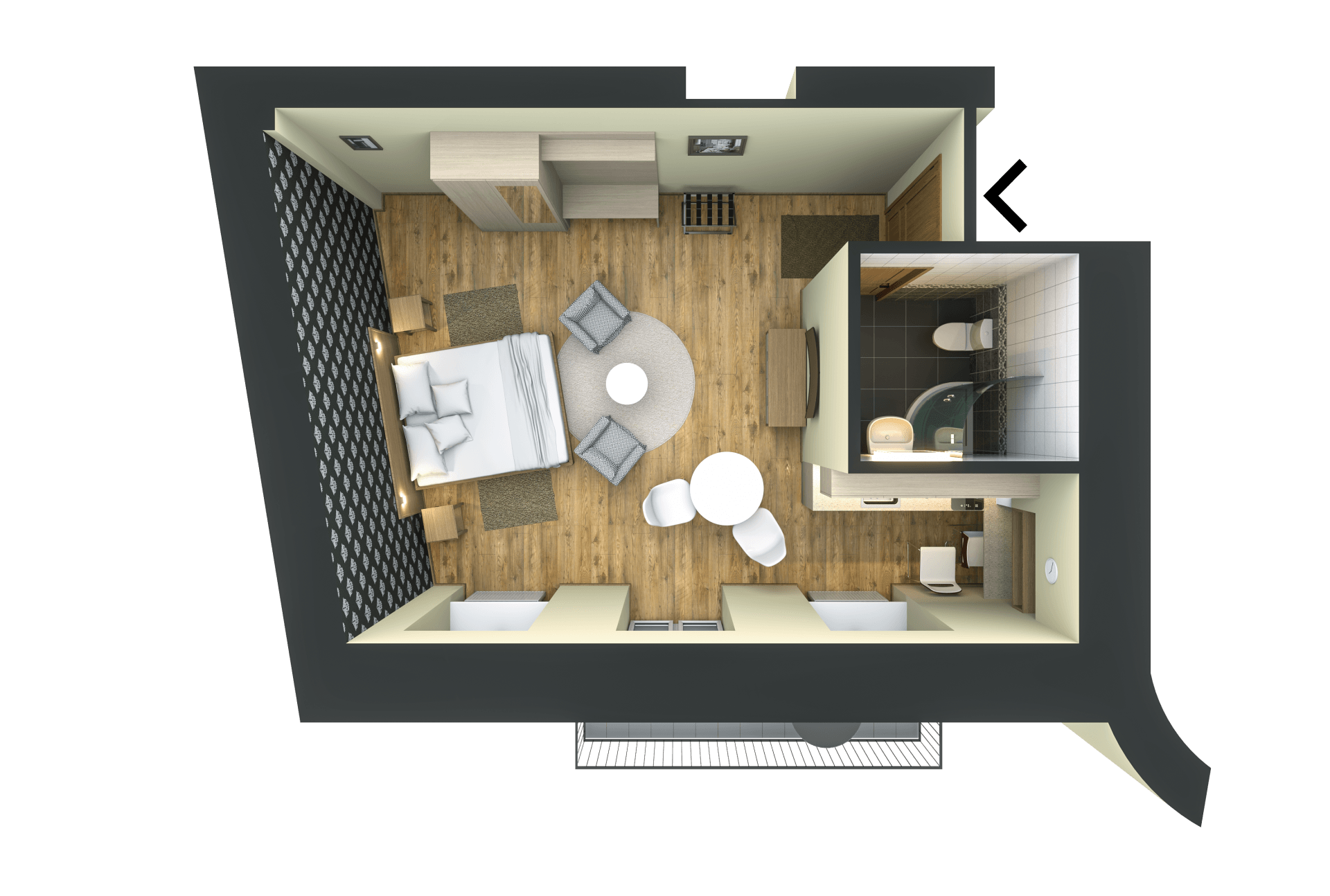 An aerial view of a small apartment with a bedroom , living room , and bathroom.