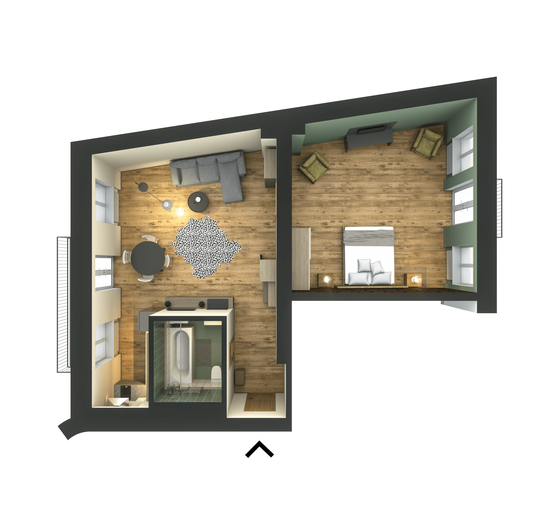 An aerial view of a floor plan of a house.