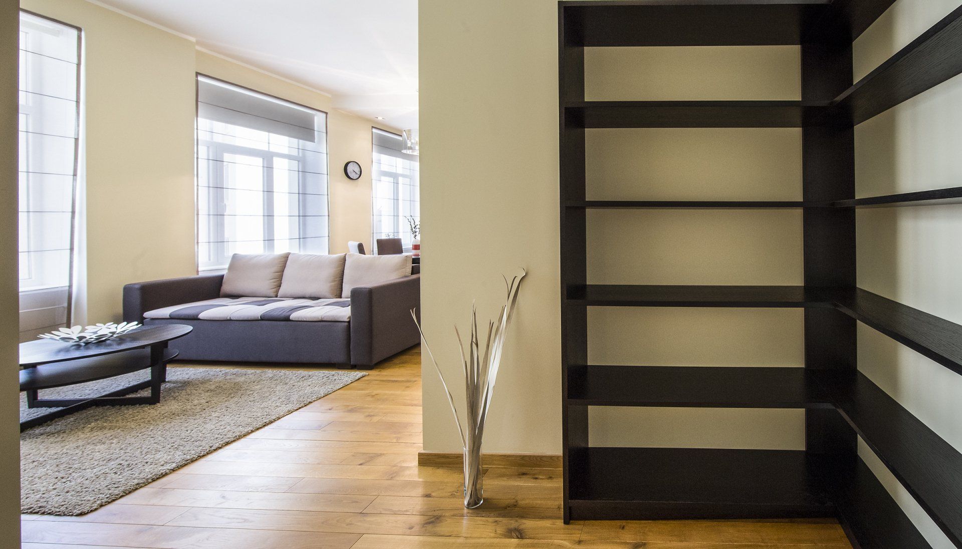 A living room with a couch , coffee table , and shelves.