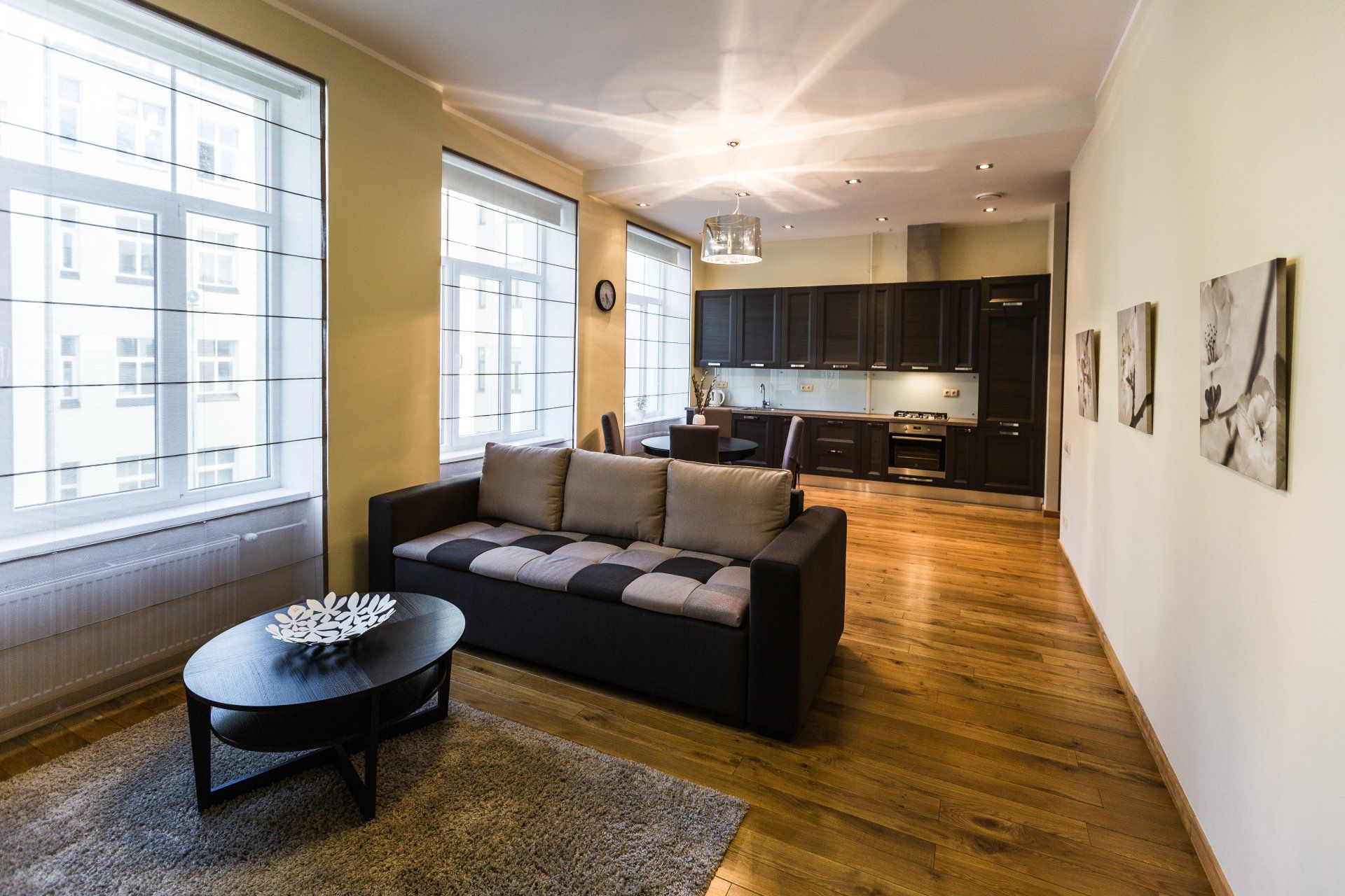 A living room with a couch and a coffee table