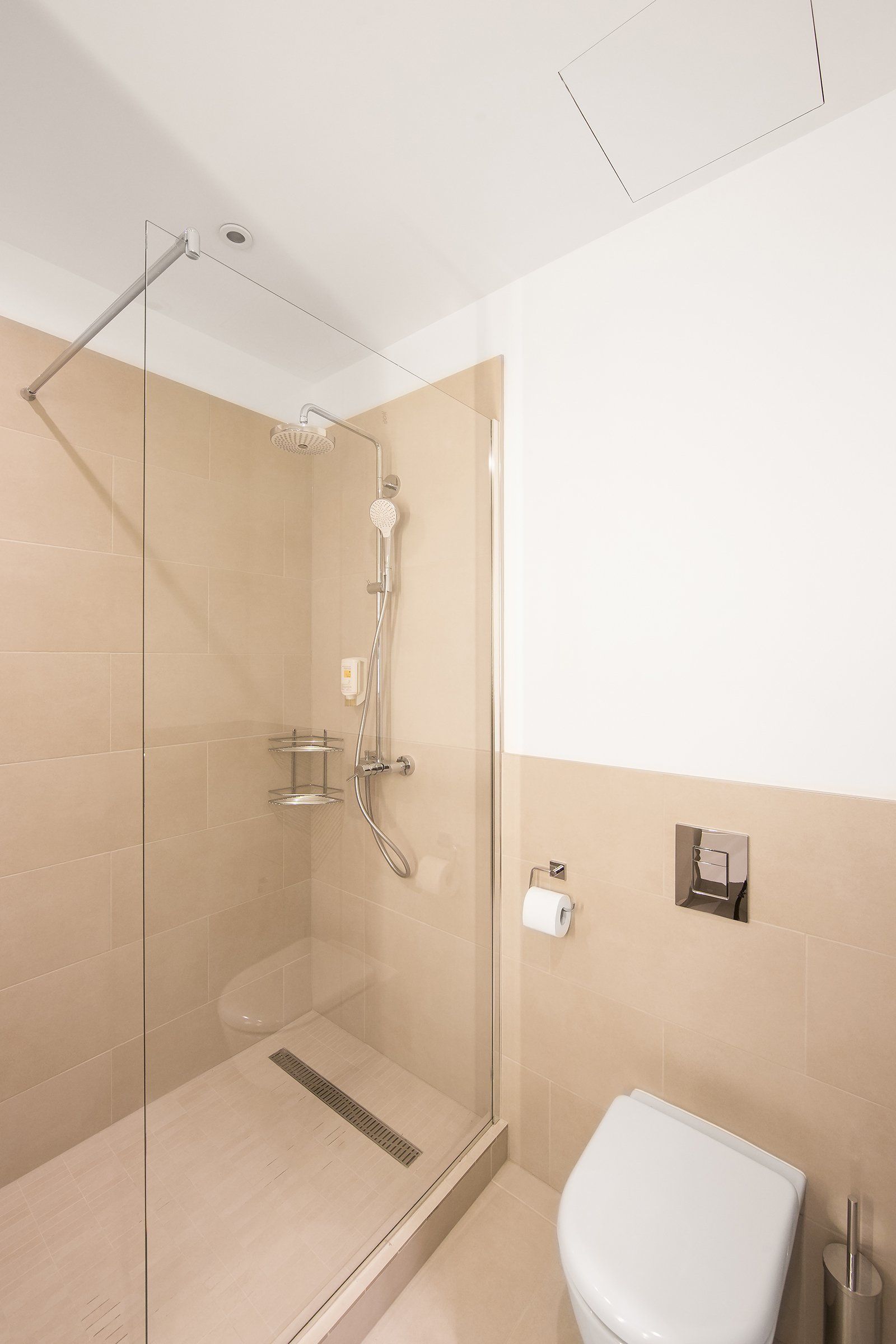 A bathroom with a walk in shower and a toilet.