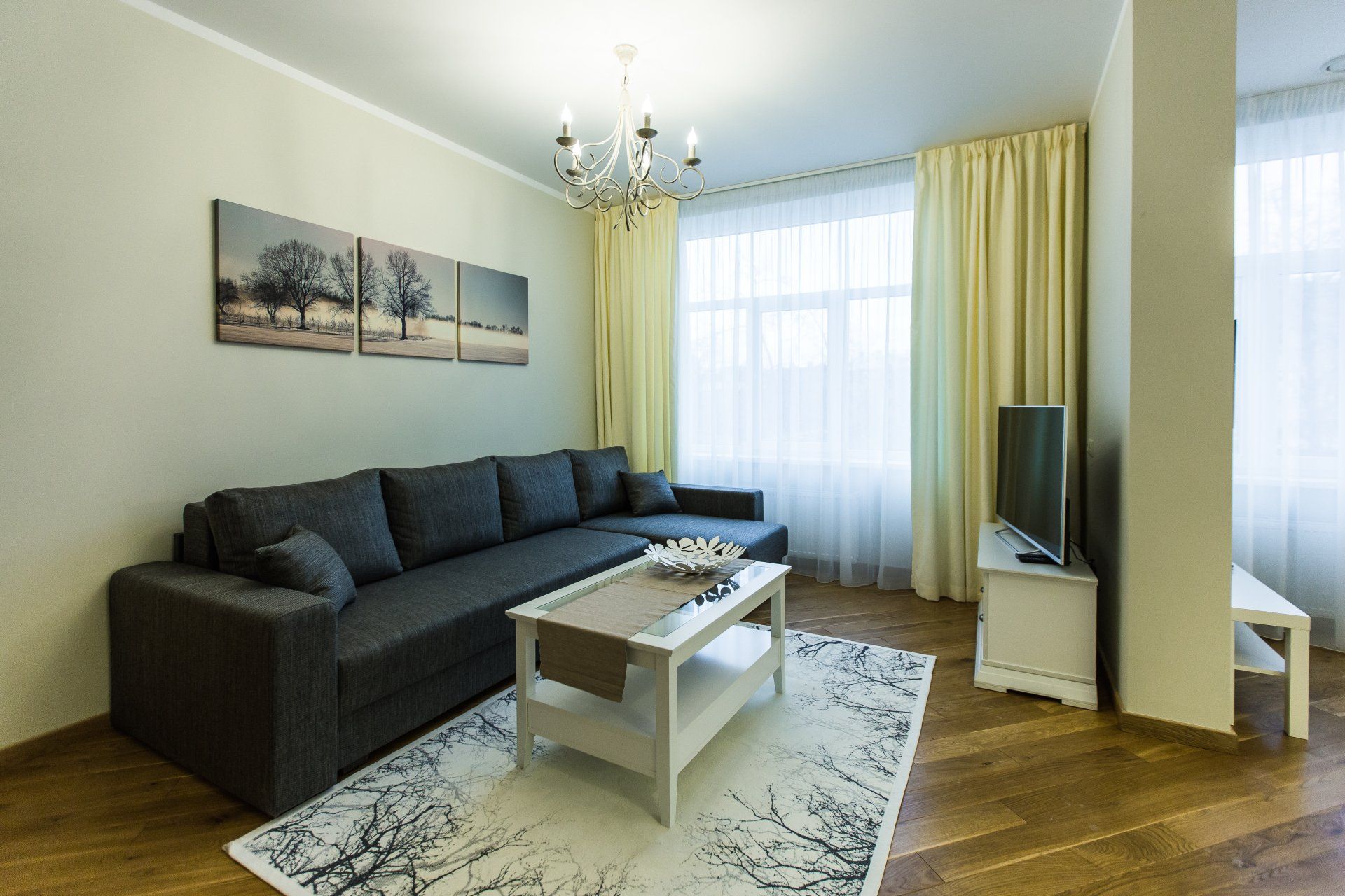 A living room with a couch , coffee table , and television.