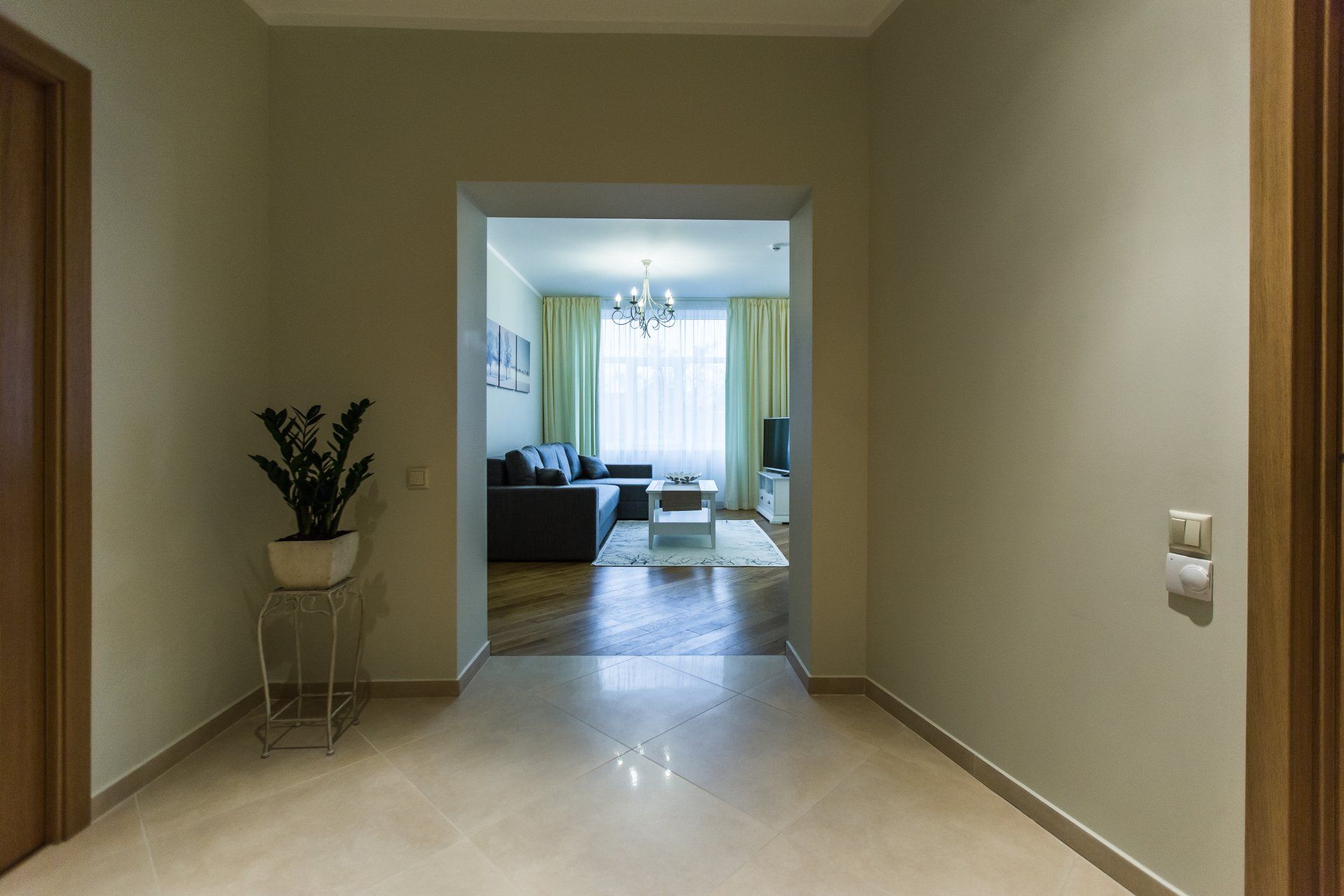 A hallway leading to a living room in a house.