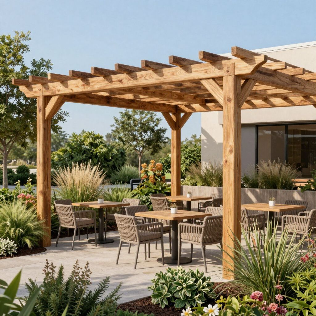 Outdoor patio seating under a wooden pergola with tables and woven chairs, surrounded by greenery and landscaping.