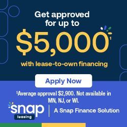 Blue ad for Snap Finance: “Get approved for up to $5,000” with lease-to-own financing and an Apply Now button.