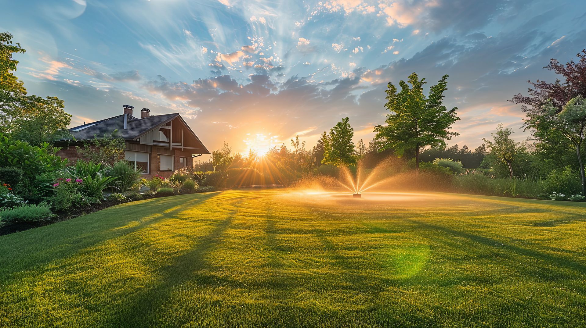 lush lawn with sprinkler
